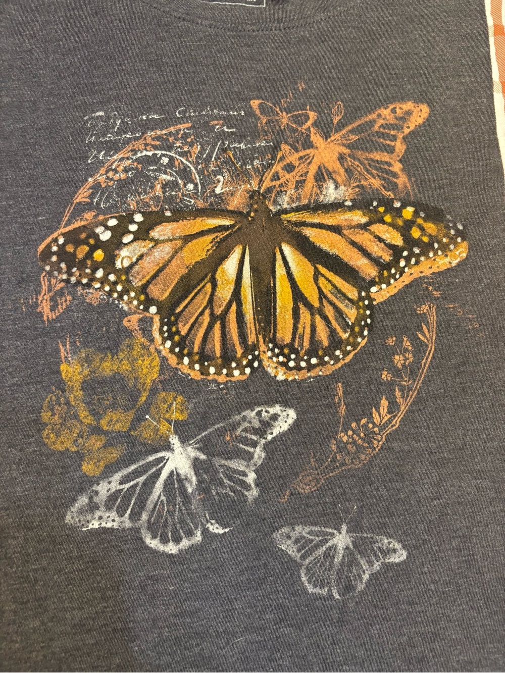 Sonoma Top Medium Charcoal Gray Orange Monarch Butterfly Long Plaid Sleeves Soft - Picture 10 of 16
